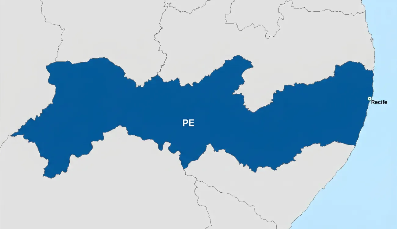 Mapa de Pernambuco com área de atendimento da RB Piscinas